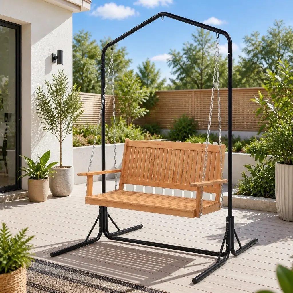 2-Seater Swing Chair with Metal Stand and Wooden Seat