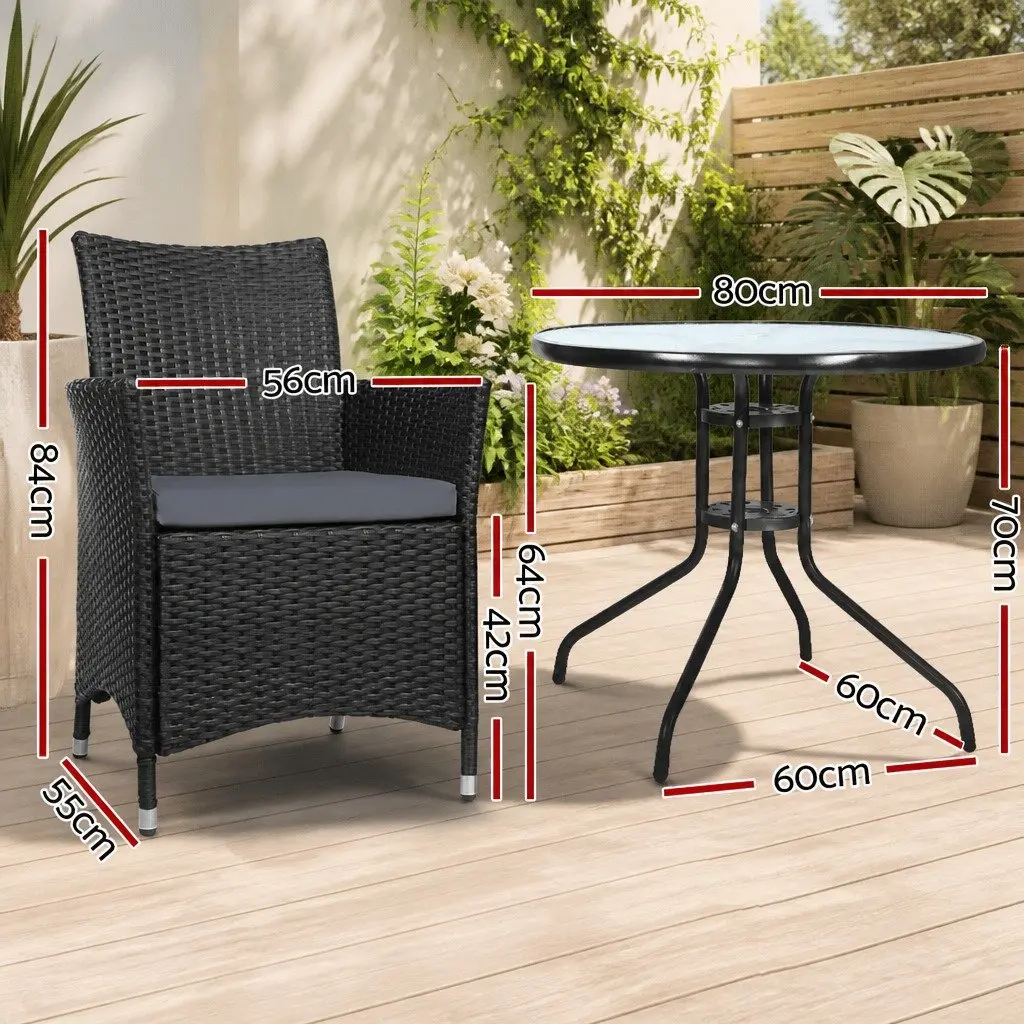 3PC Bistro Set Outdoor Furniture Glass Table Wicker Chairs Cushion Patio Garden
