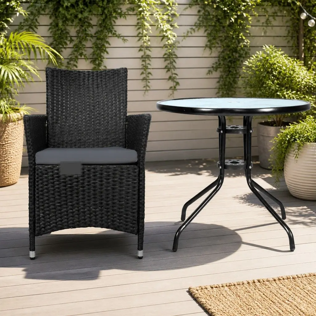 3PC Bistro Set Outdoor Furniture Glass Table Wicker Chairs Cushion Patio Garden