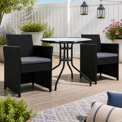 3PC Bistro Set: Black Rattan Chairs & Glass Table