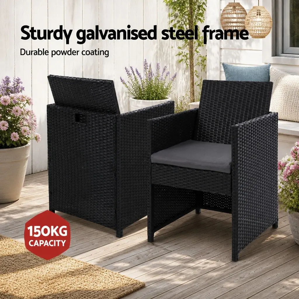 3PC Outdoor Bistro Set Black Rattan Chairs Glass Table Patio Garden Furniture