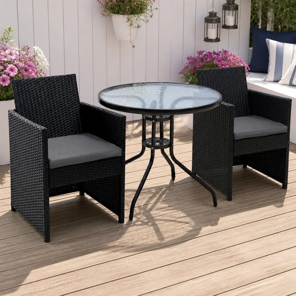 3PC Outdoor Bistro Set Black Rattan Chairs Glass Table Patio Garden Furniture