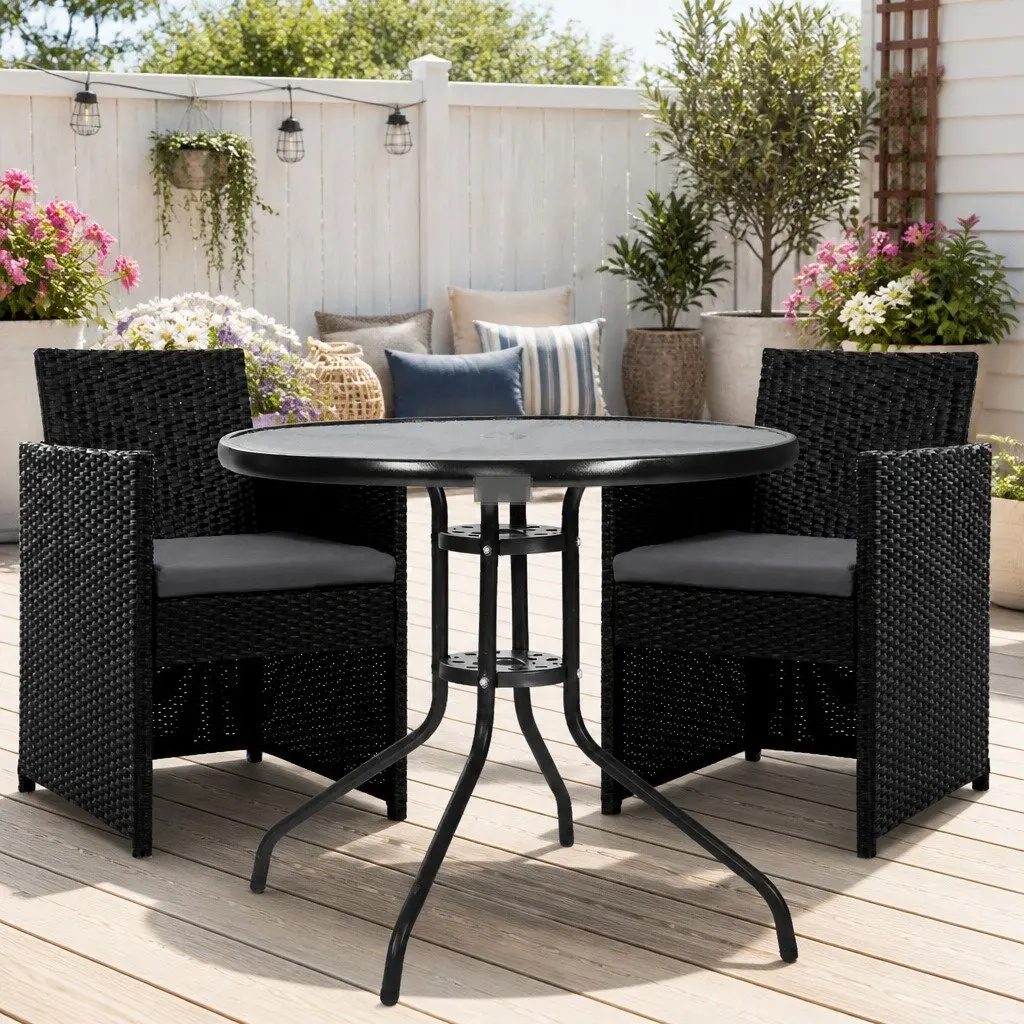 3PC Outdoor Bistro Set Black Rattan Chairs Glass Table Patio Garden Furniture