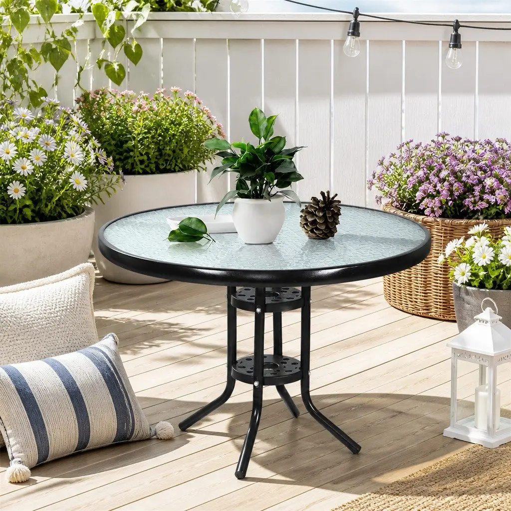 3PC Outdoor Bistro Set Black Rattan Chairs Glass Table Patio Garden Furniture