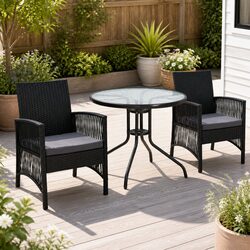 3 Piece Outdoor Bistro Set Glass Top Table Wicker Chairs Cushions Patio Garden