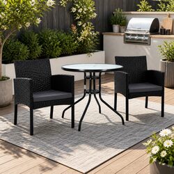 3PC Outdoor Bistro Set Black Rattan Chairs Glass Table Patio Garden Furniture