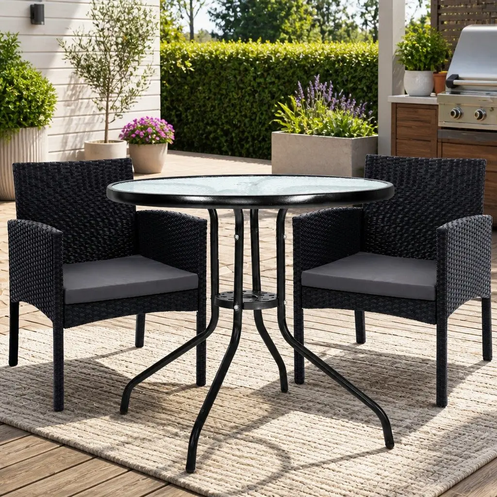 3PC Outdoor Bistro Set Black Rattan Chairs Glass Table Patio Garden Furniture