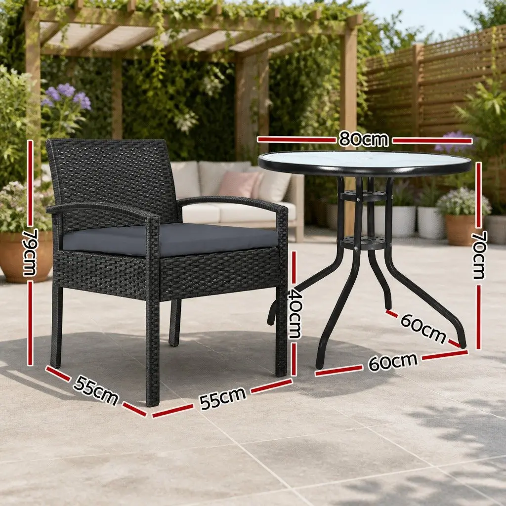 3-Piece Bistro Set Outdoor Furniture Rattan Chairs Glass Table Cushion Patio