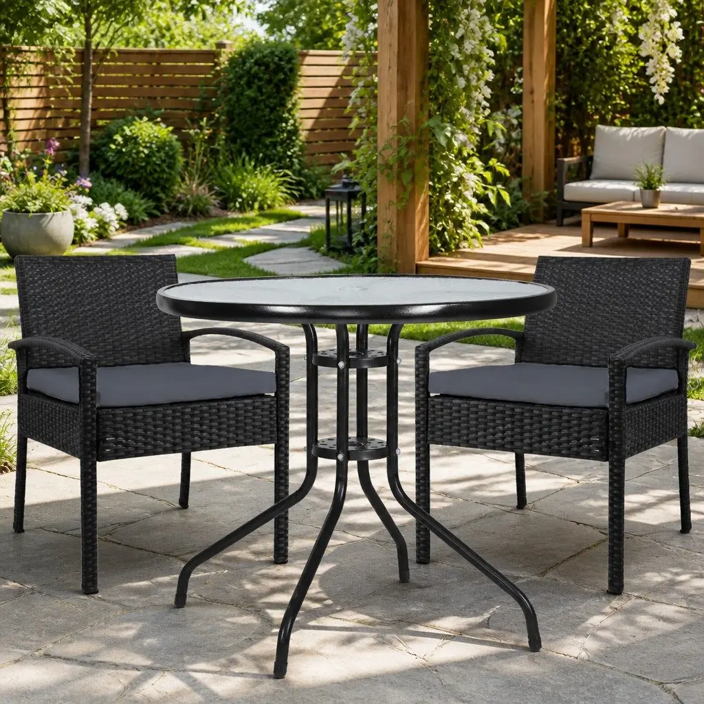 3-Piece Bistro Set Outdoor Furniture Rattan Chairs Glass Table Cushion Patio