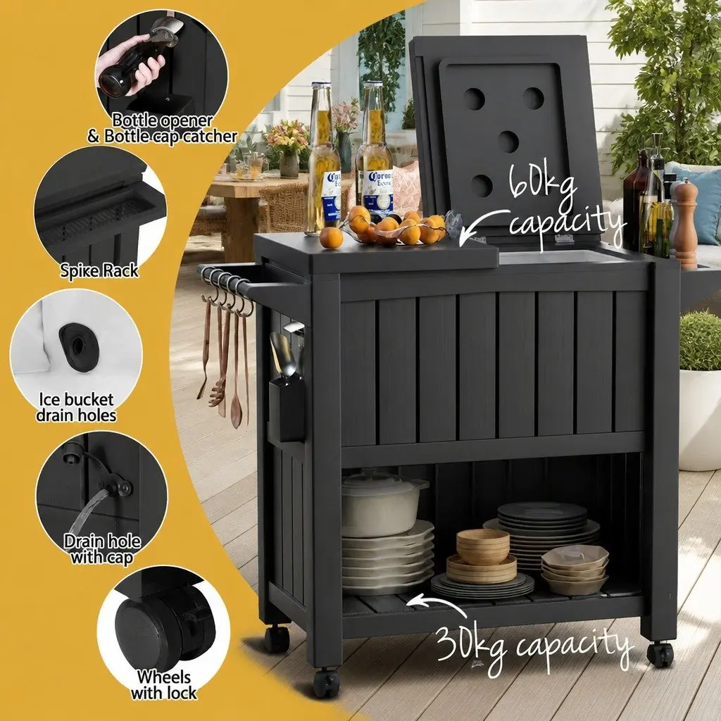 Outdoor Serving Cart with Ice Bucket Cooler 80L for Kitchen Trolley