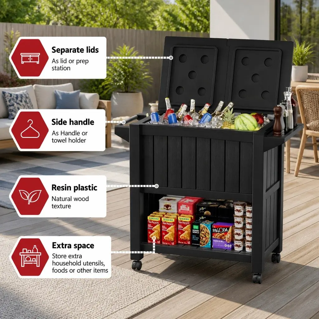 Outdoor Serving Cart with Ice Bucket Cooler 80L for Kitchen Trolley