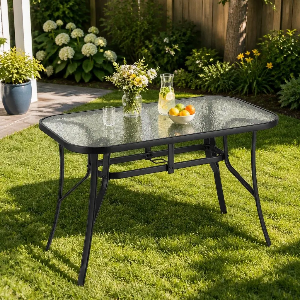 Outdoor Dining Table 120cm Steel Frame Tempered Glass Patio