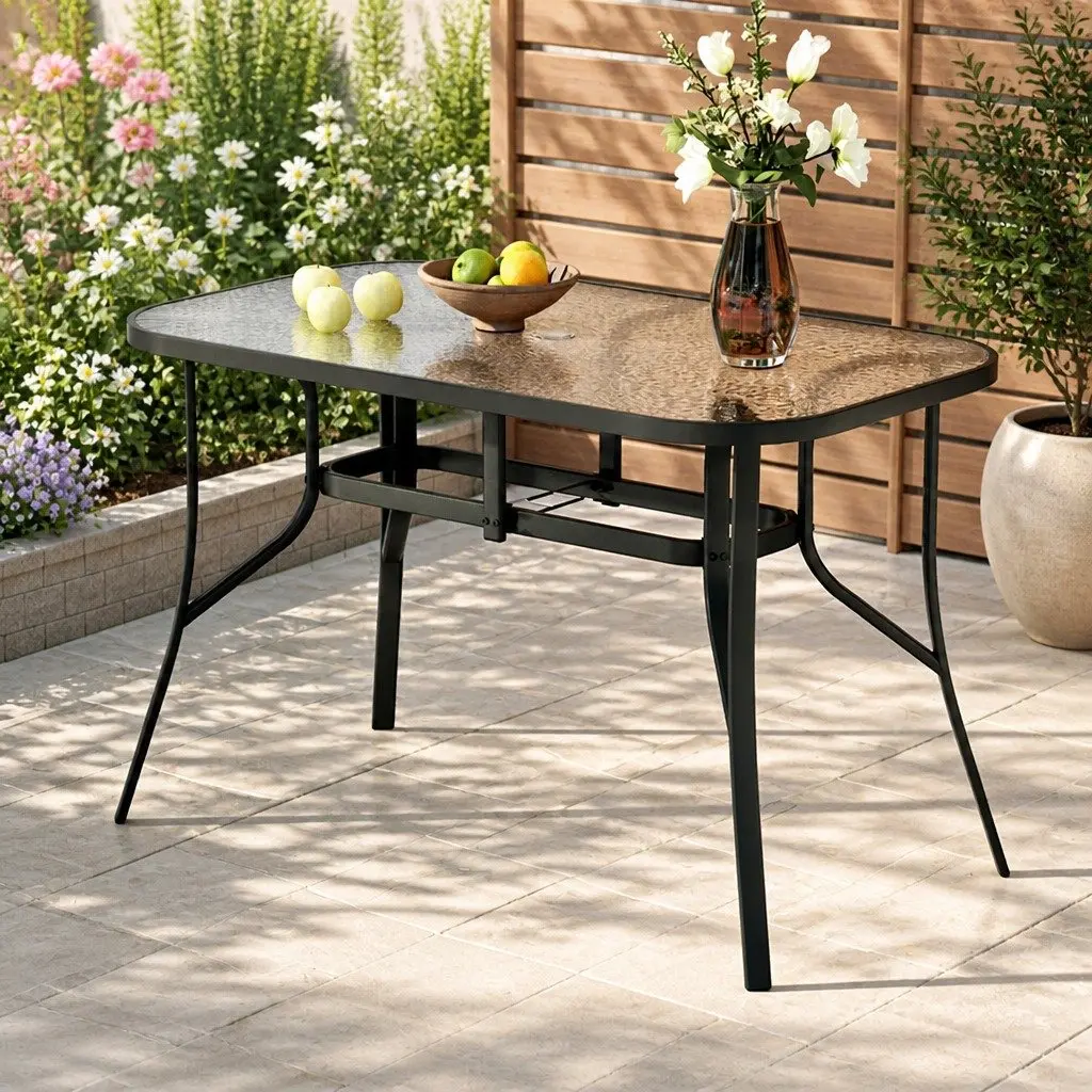 Outdoor Dining Table 120cm Steel Frame Tempered Glass Patio