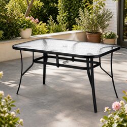 Outdoor Dining Table 140cm Black Steel Frame Tempered Glass Parasol Hole Patio
