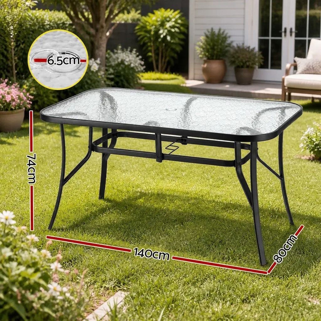 Outdoor Dining Table for Patio 140cm Black Steel Frame Tempered Glass