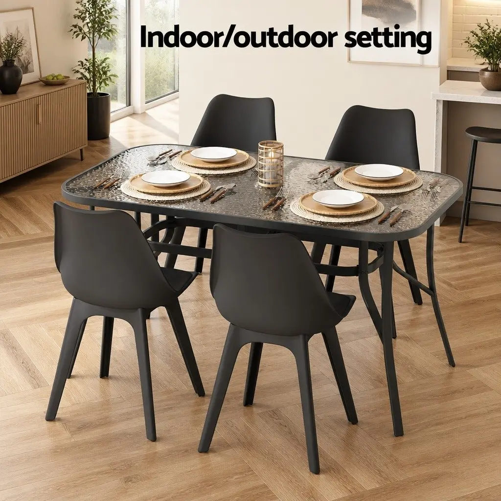 Outdoor Dining Table for Patio 140cm Black Steel Frame Tempered Glass