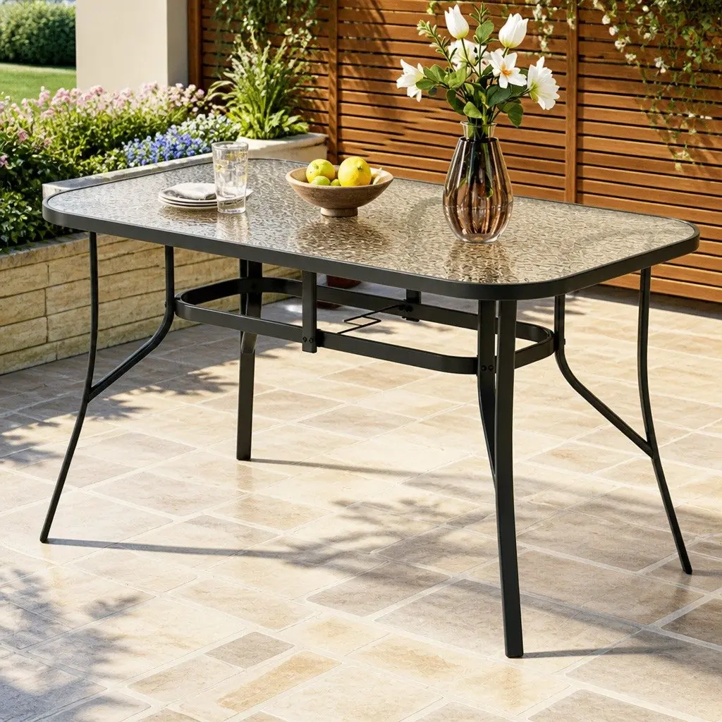 Outdoor Dining Table for Patio 140cm Black Steel Frame Tempered Glass