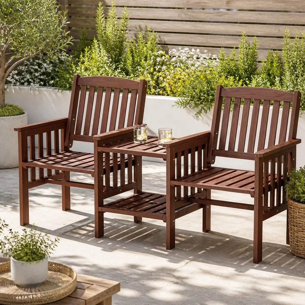 Outdoor Bench Garden Use 2-Seater Loveseat with Table Brown