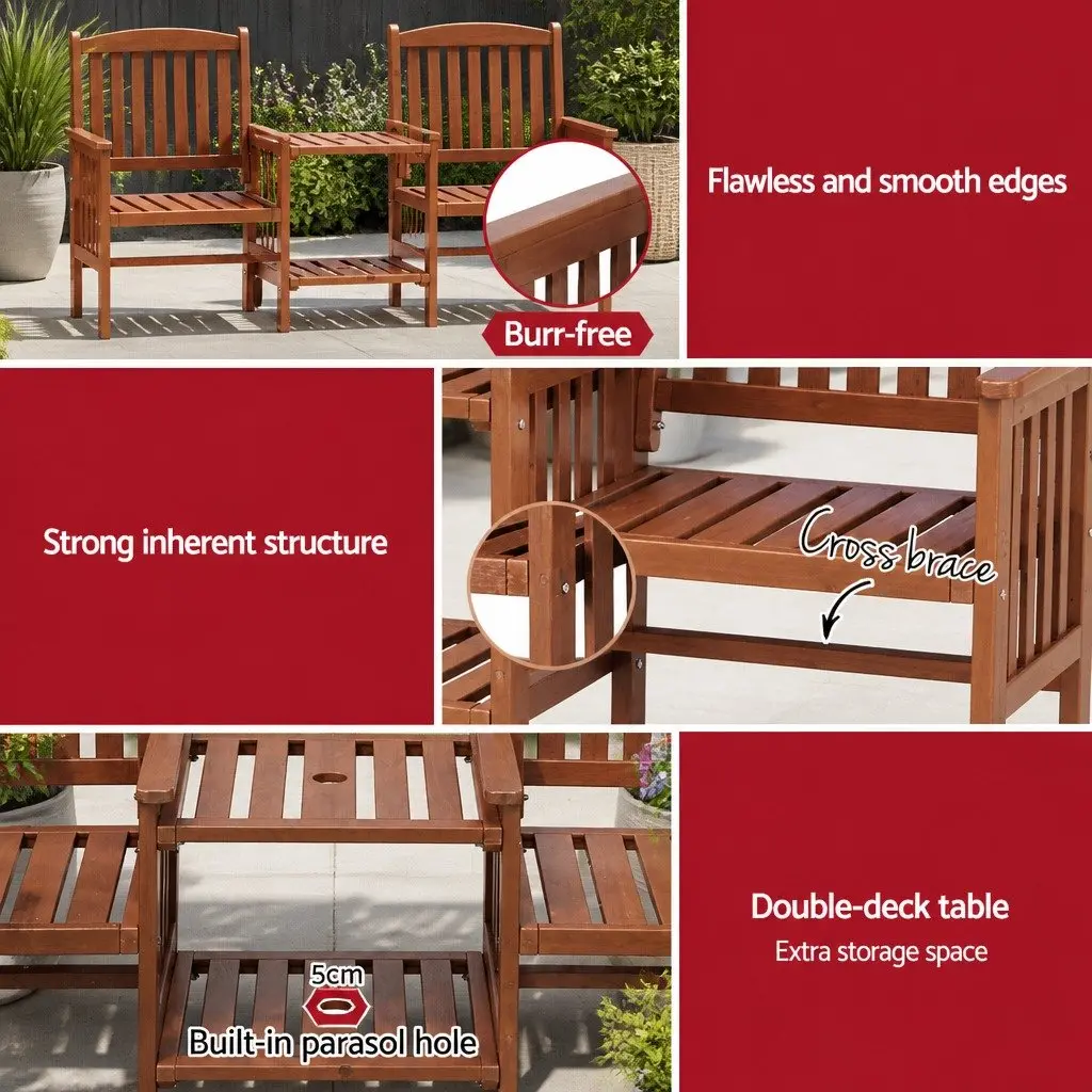 Outdoor Bench Garden Use 2-Seater Loveseat with Table Brown