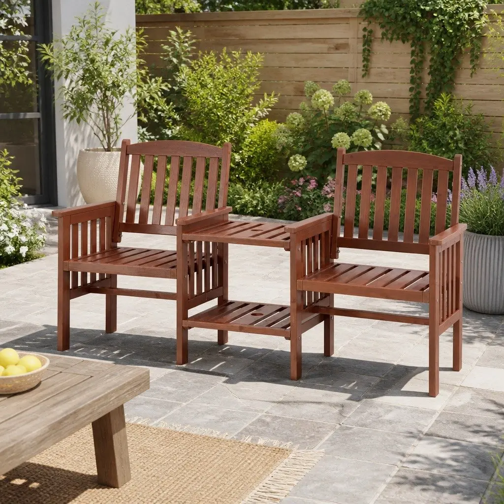 Outdoor Bench Garden Use 2-Seater Loveseat with Table Brown