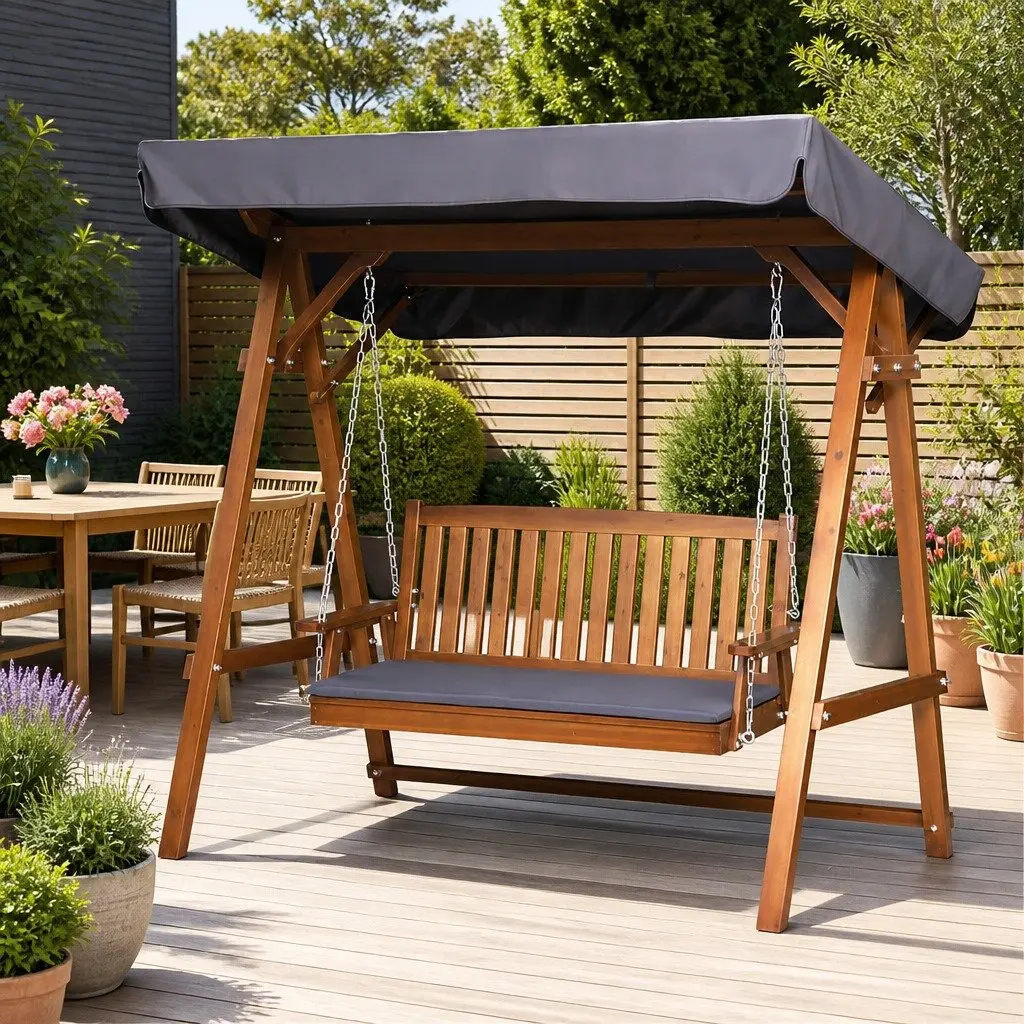 3 Seater Garden Swing Chair with Canopy Outdoor Patio Bench Teak Wood Lounger