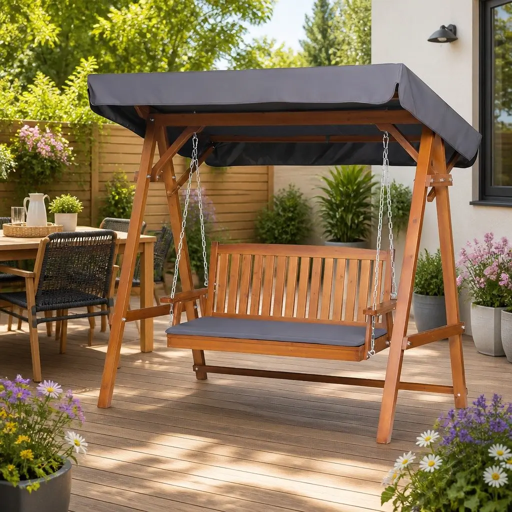 3 Seater Garden Swing Chair with Canopy Outdoor Patio Bench Teak Wood Lounger