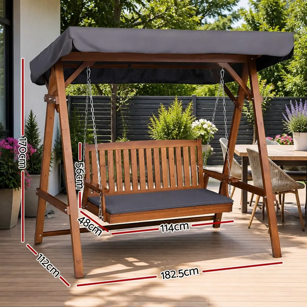 3 Seater Garden Swing Chair with Canopy Outdoor Patio Bench Teak Wood Lounger