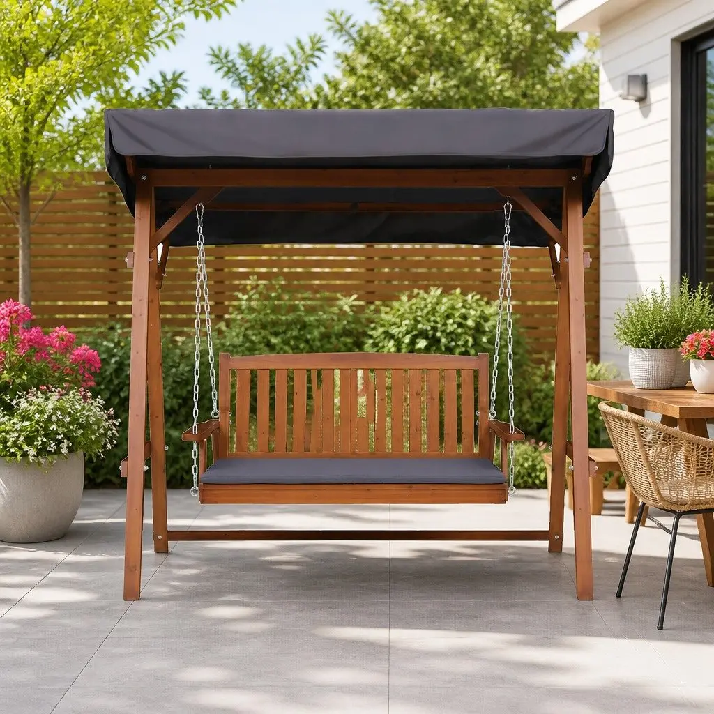 3 Seater Garden Swing Chair with Canopy Outdoor Patio Bench Teak Wood Lounger