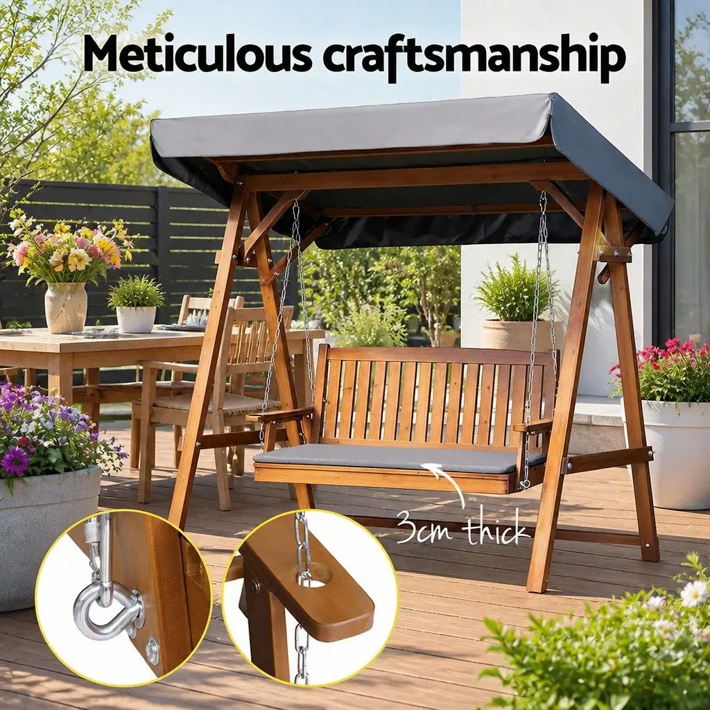 3 Seater Garden Swing Chair with Canopy Outdoor Patio Bench Teak Wood Lounger