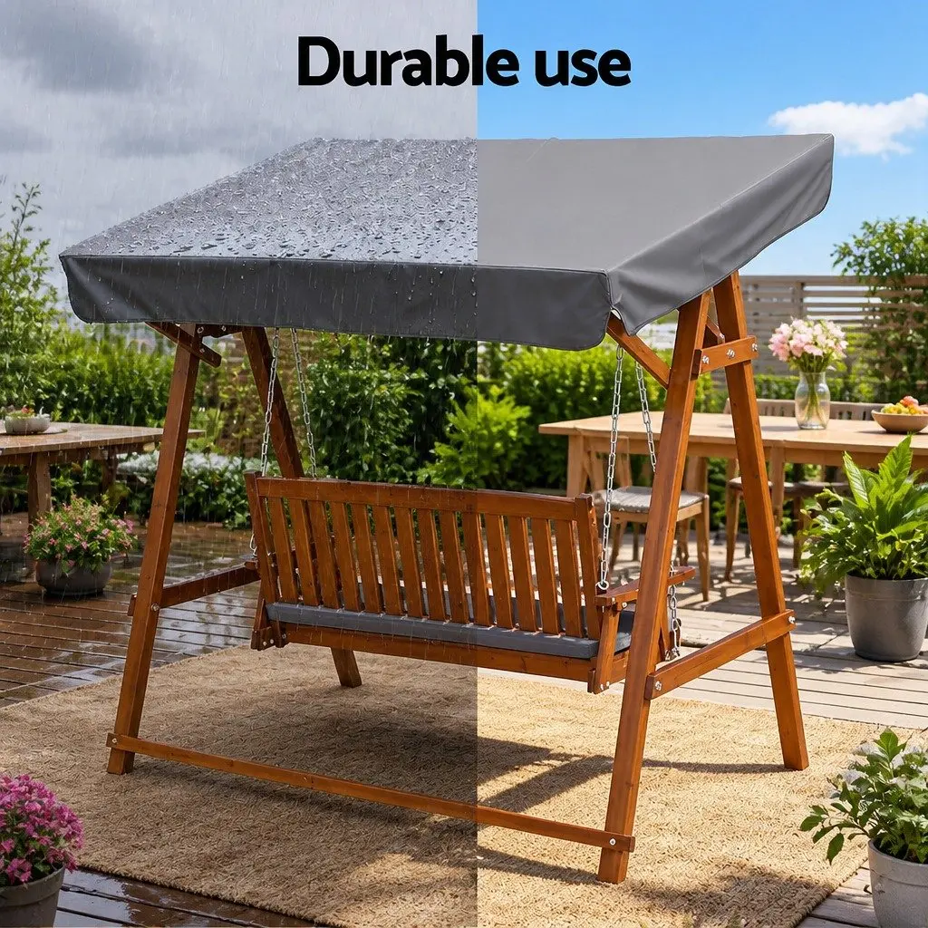 3 Seater Garden Swing Chair with Canopy Outdoor Patio Bench Teak Wood Lounger