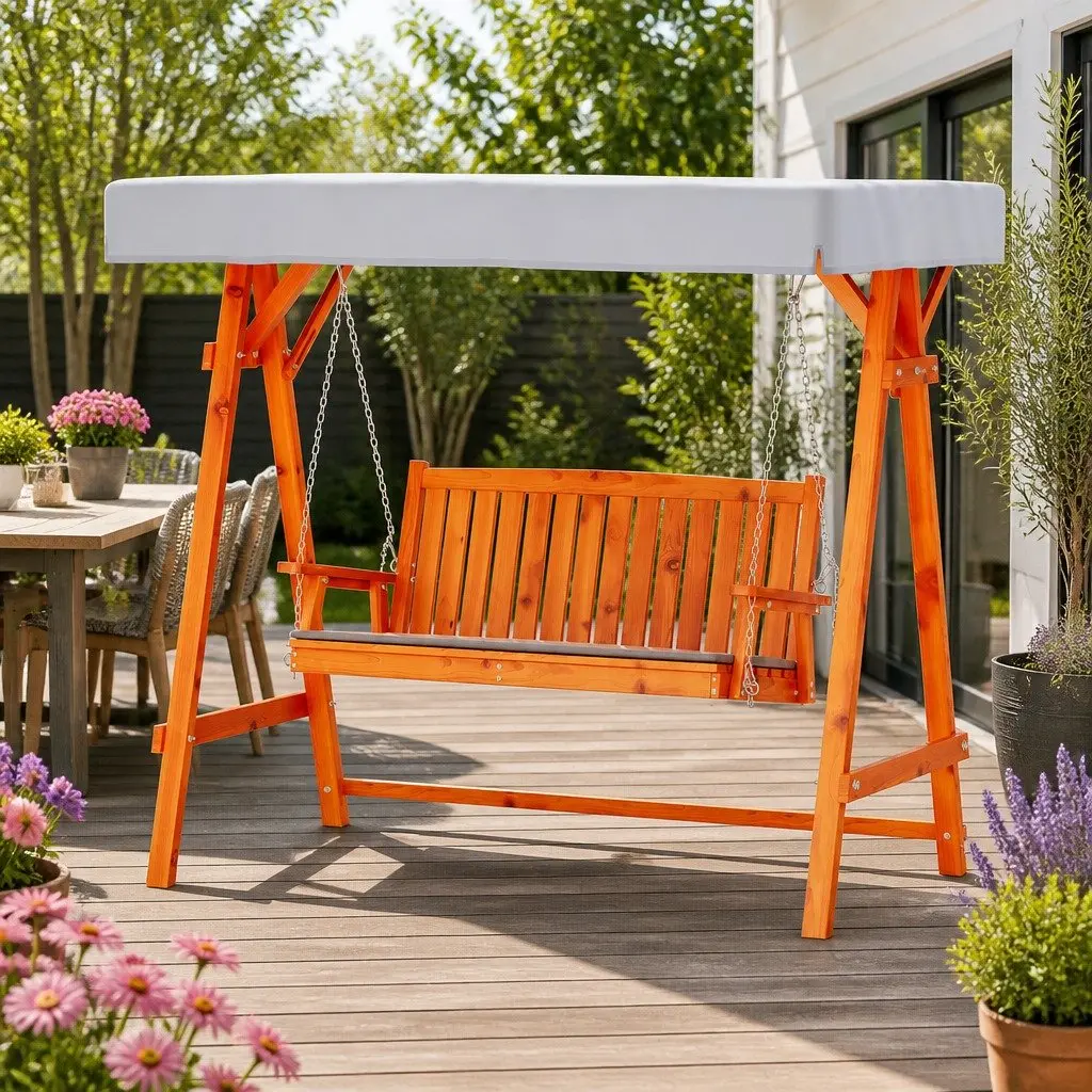 3 Seater Garden Swing Chair with Canopy Outdoor Patio Bench Teak Wood Lounger
