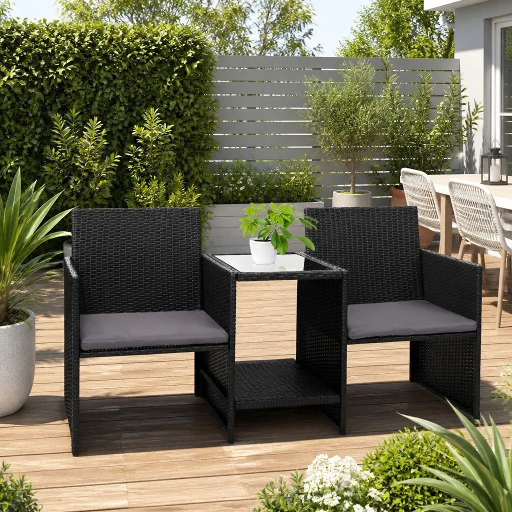 Outdoor Wicker Loveseat Bistro Set Patio Garden Tete-a-Tete Furniture Black