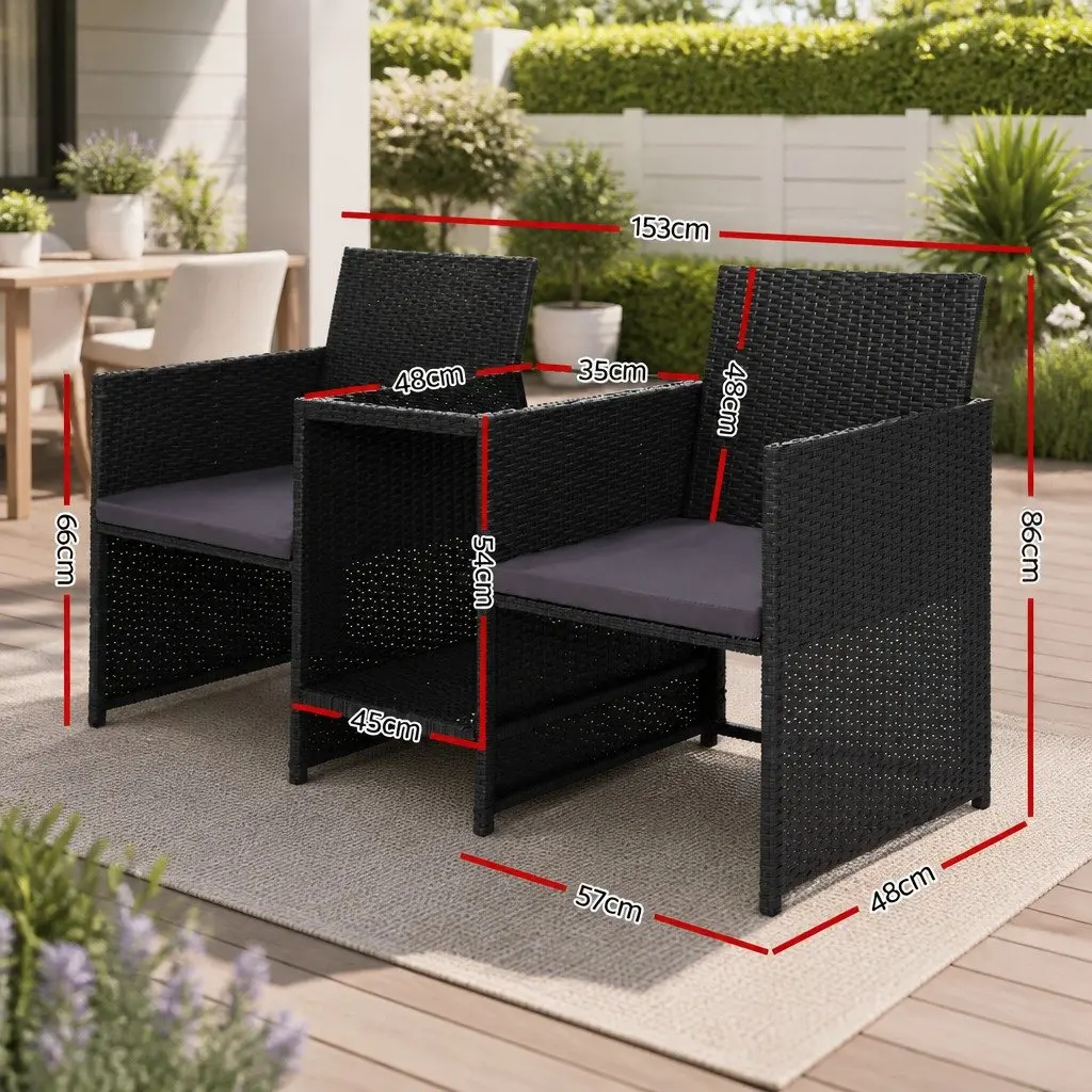 Outdoor Wicker Loveseat Bistro Set Patio Garden 153x48x86cm Black