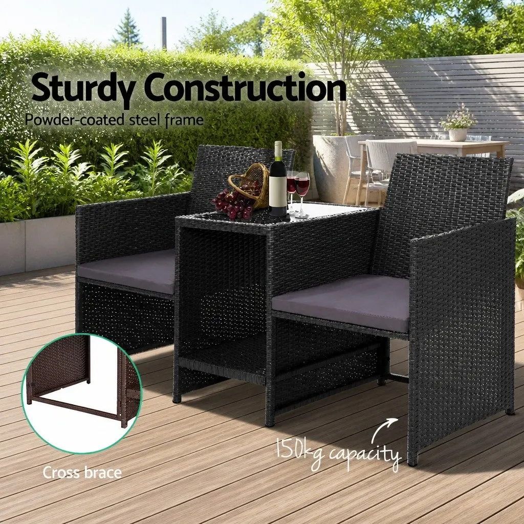 Outdoor Wicker Loveseat Bistro Set Patio Garden 153x48x86cm Black