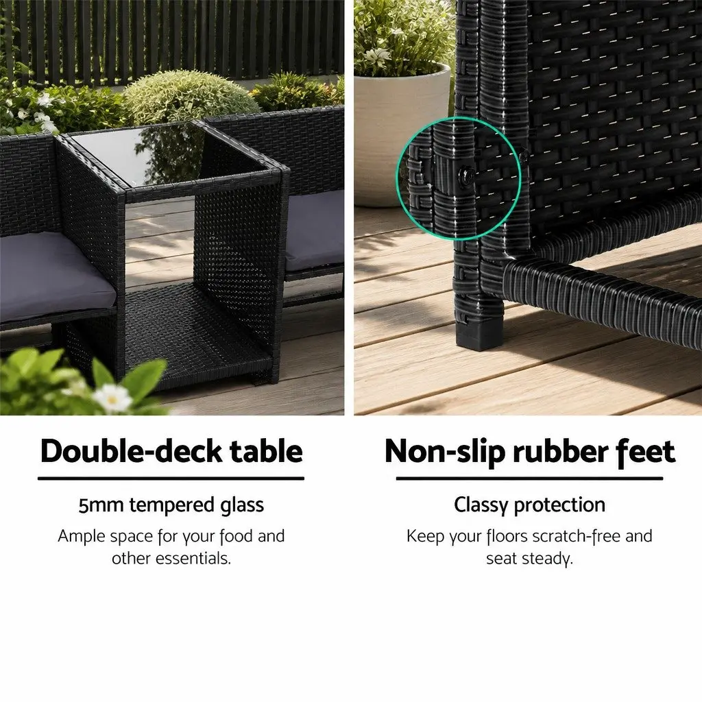 Outdoor Wicker Loveseat Bistro Set Patio Garden 153x48x86cm Black