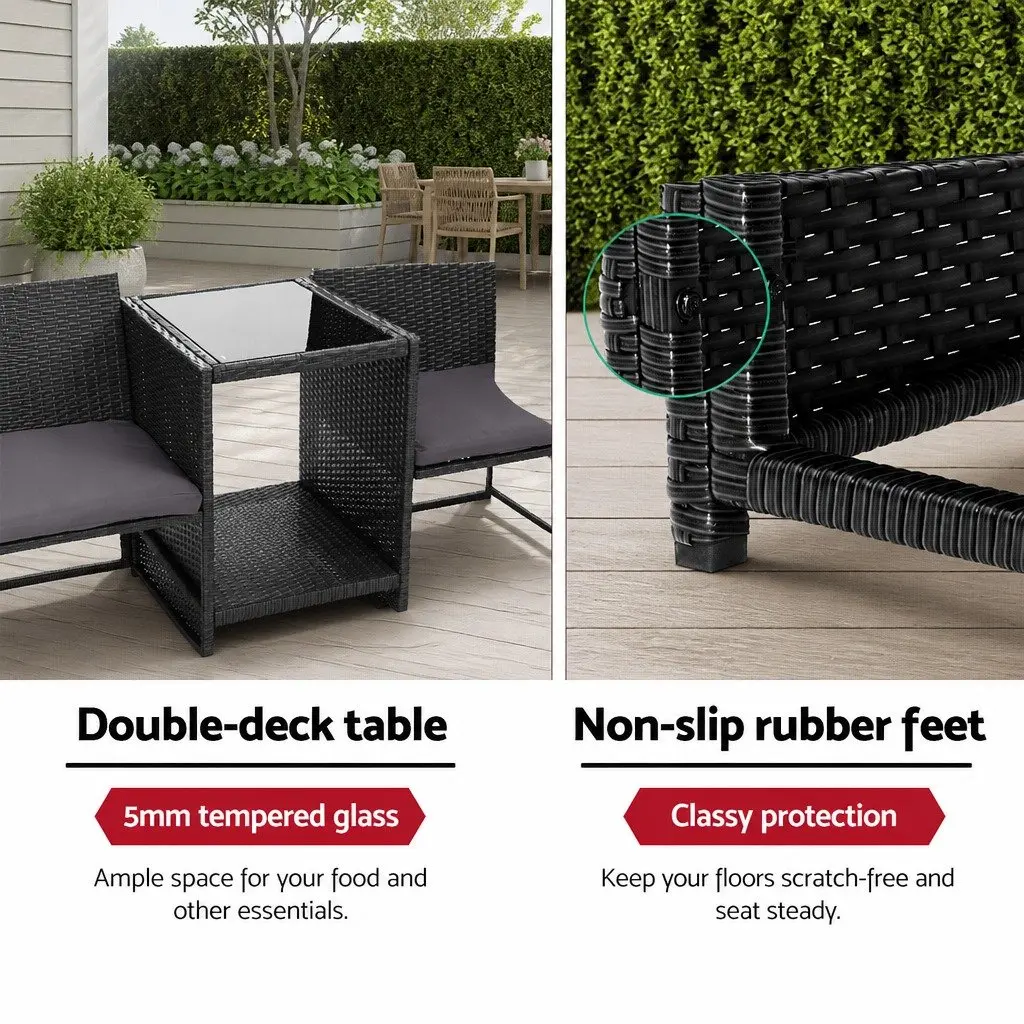 Outdoor Wicker Loveseat Bistro Set Patio Garden 153x48x86cm Black