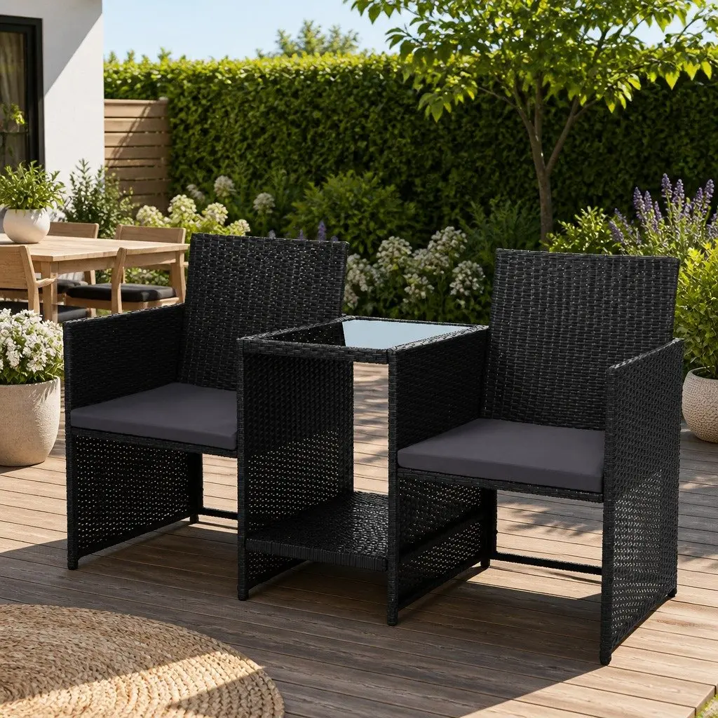 Outdoor Wicker Loveseat Bistro Set Patio Garden 153x48x86cm Black