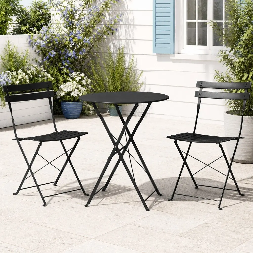 Outdoor Bistro Set for Patio Garden Balcony 3 Piece Black Steel Foldable