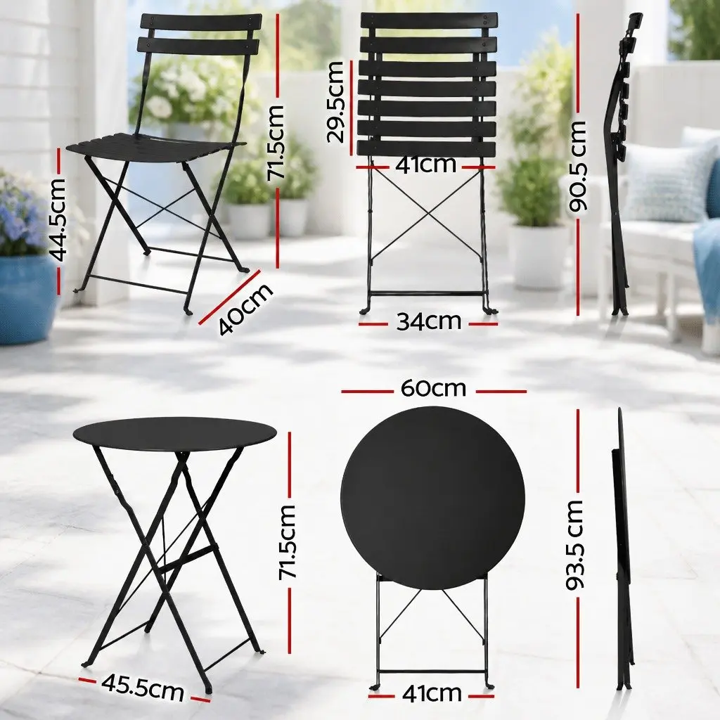 Outdoor Bistro Set for Patio Garden Balcony 3 Piece Black Steel Foldable