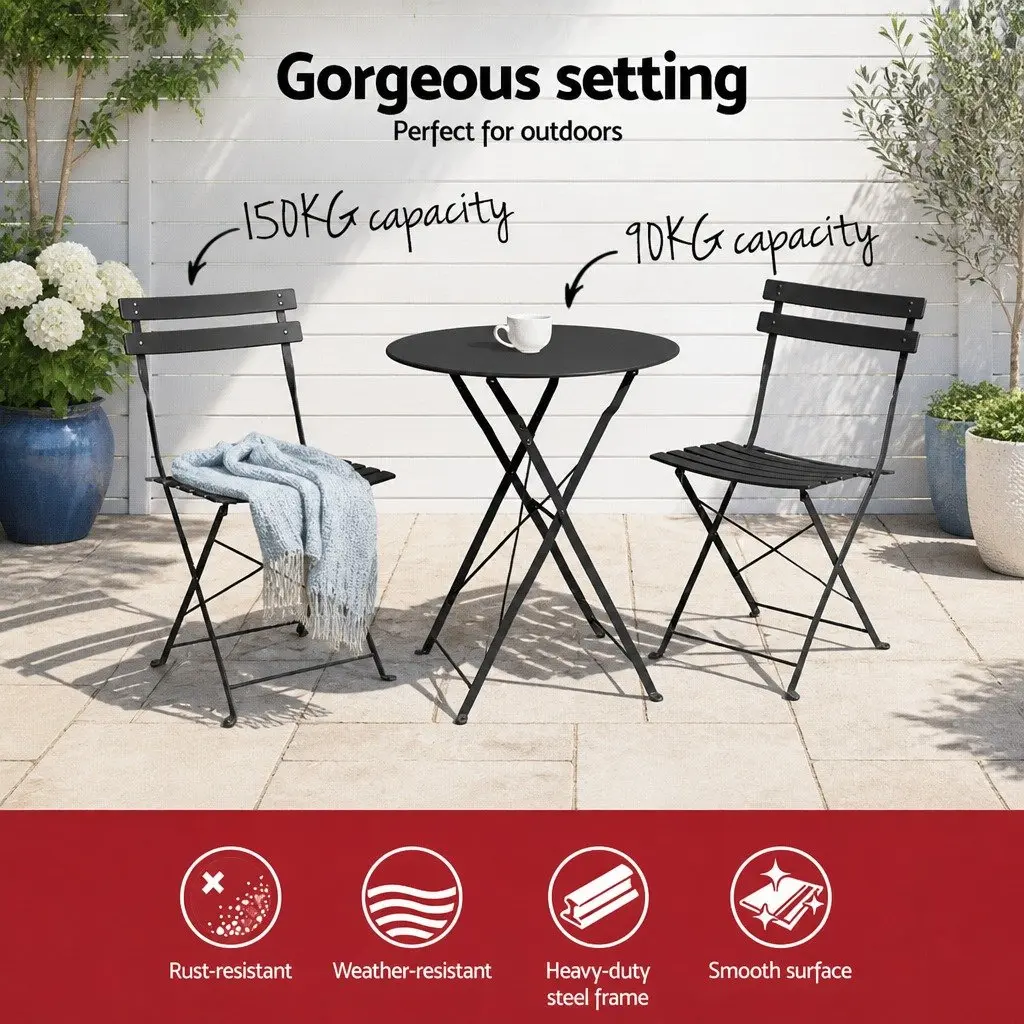 Outdoor Bistro Set for Patio Garden Balcony 3 Piece Black Steel Foldable
