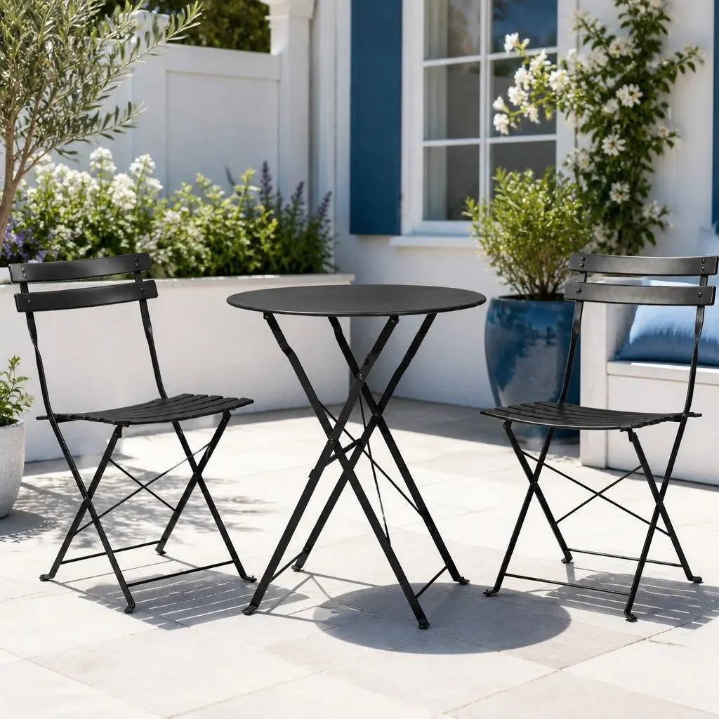 Outdoor Bistro Set for Patio Garden Balcony 3 Piece Black Steel Foldable