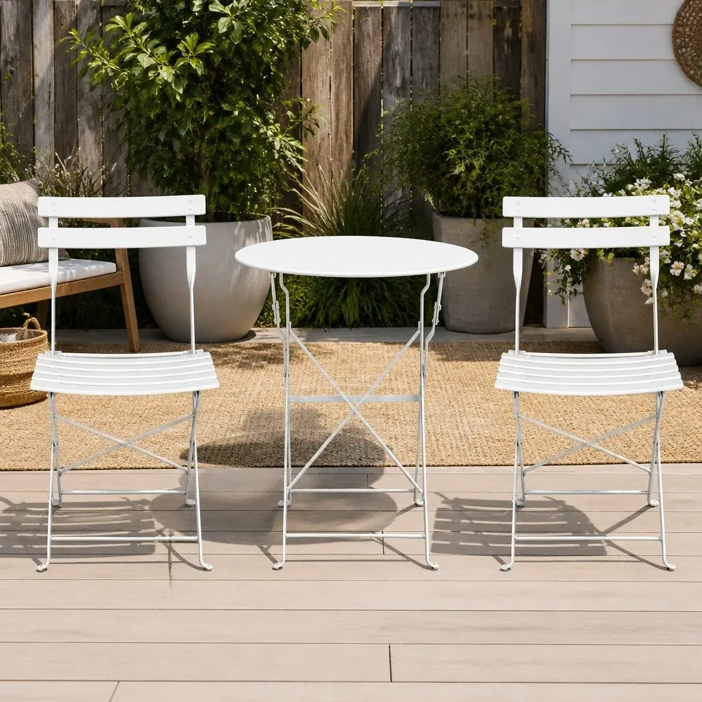 3 Piece Outdoor Bistro Set Steel Table Chairs Patio Furniture White Foldable