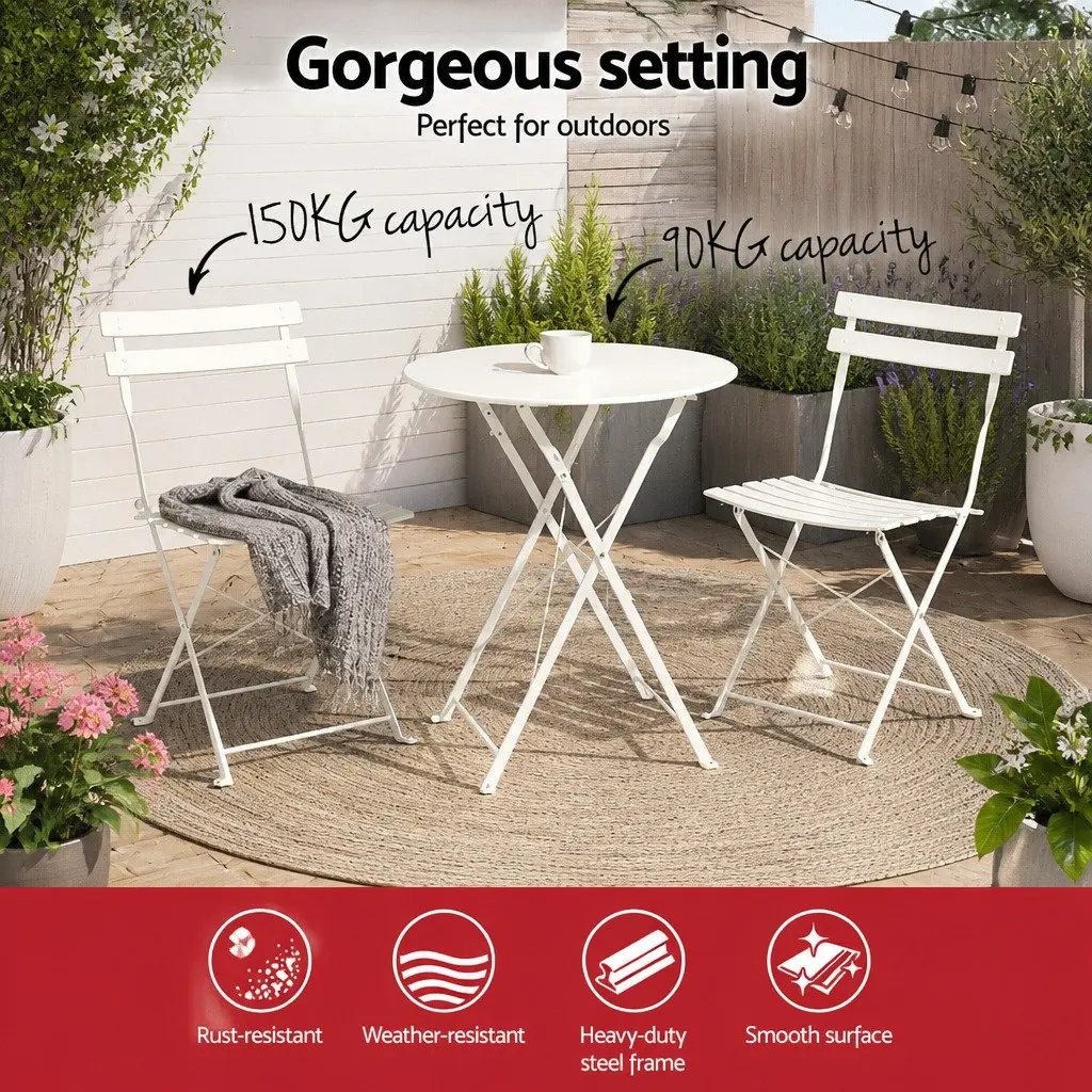 3 Piece Outdoor Bistro Set Steel Table Chairs Patio Furniture White Foldable