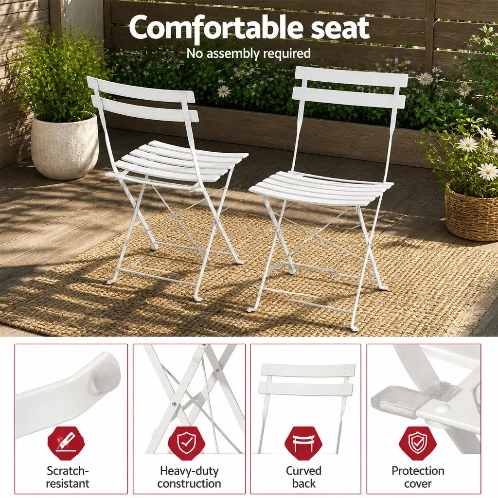 3 Piece Outdoor Bistro Set Steel Table Chairs Patio Furniture White Foldable
