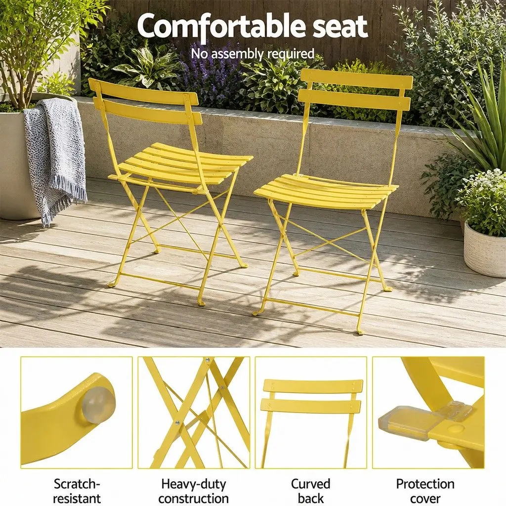 3 Piece Outdoor Bistro Set Steel Table Chairs Patio Furniture Yellow Foldable