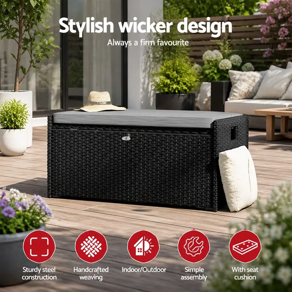 Outdoor Storage Bench Box Wicker Garden Patio Furniture Seat with Cushion Black