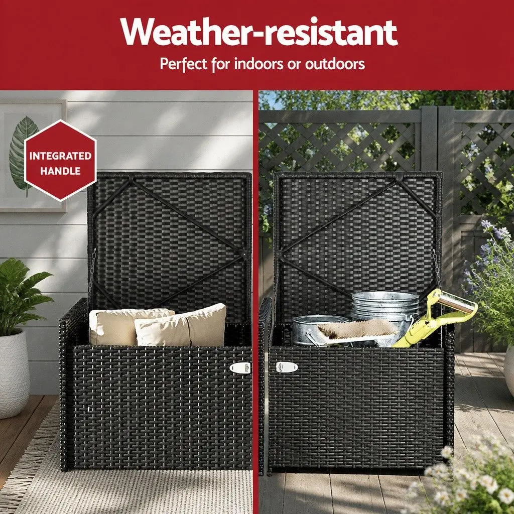 Outdoor Storage Bench Box Wicker Garden Patio Furniture Seat with Cushion Black