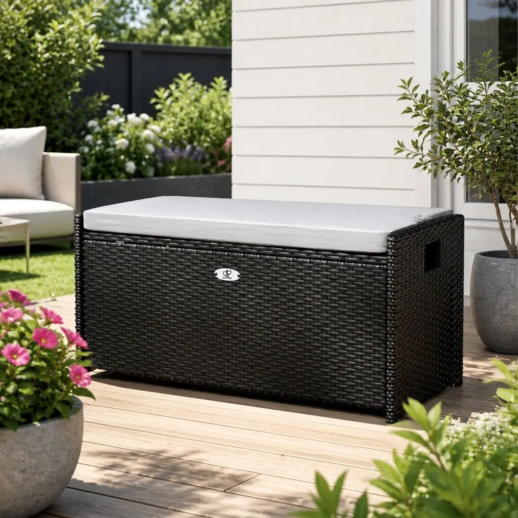 Outdoor Storage Bench Box Wicker Garden Patio Furniture Seat with Cushion Black