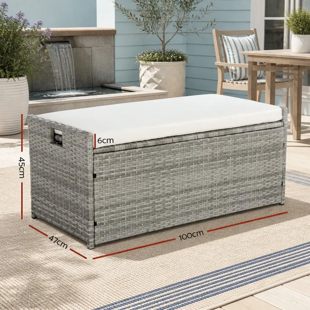 Outdoor Storage Bench Box Wicker Garden Patio Furniture Cushion Grey 100cm