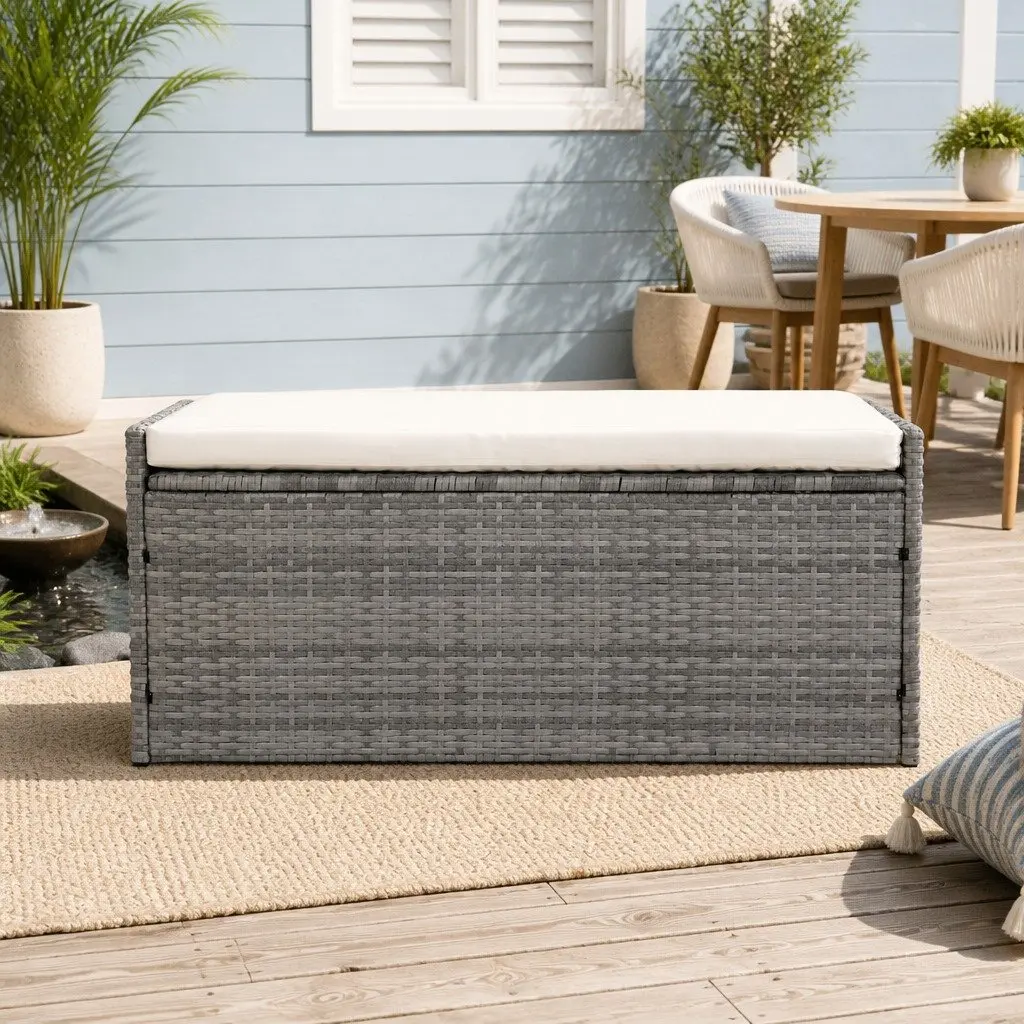 Outdoor Storage Bench Box Wicker Garden Patio Furniture Cushion Grey 100cm